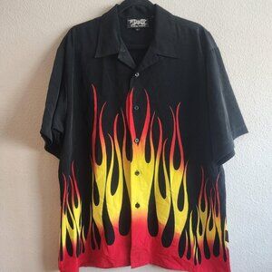 Dragonfly Shirt Mens Large Black Flame Button Up Bowling Retro Rockabilly Fire